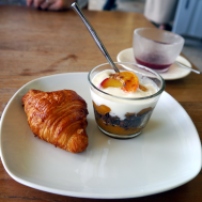 Freshly based mini croissant and the rather scrumptious peach, yoghurt & chocolate granola